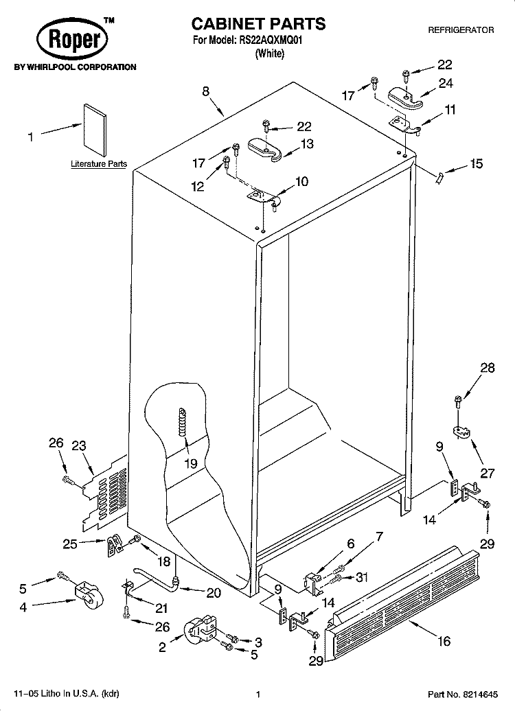 CABINET PARTS Diagram and Parts List for RS22AQXMQ01  Roper Refrigerator