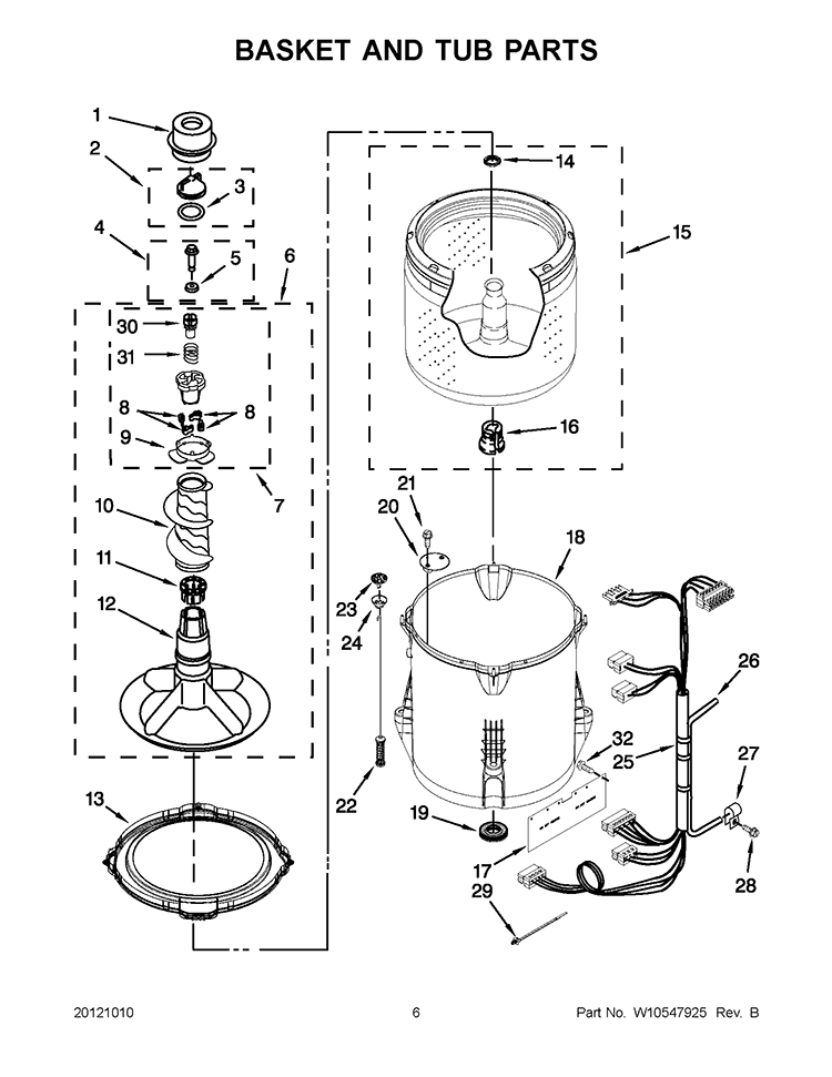 BASKET AND TUB PARTS Diagram and Parts List for 7MWTW1605AW1  Whirlpool Washer