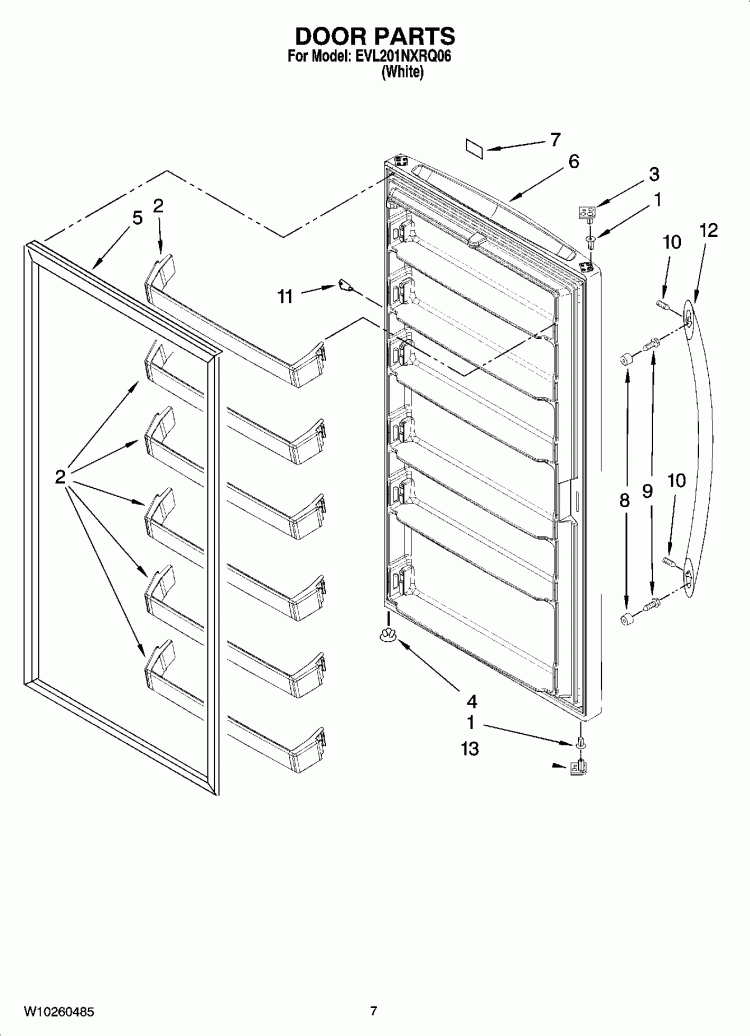 DOOR PARTS Diagram and Parts List for EVL201NXRQ06  Whirlpool Freezer