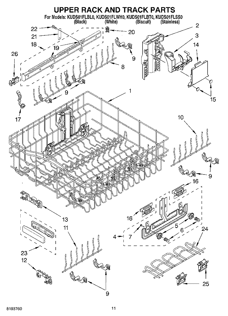 UPPER RACK AND TRACK Diagram and Parts List for KUDS01FLBS0  Whirlpool Dishwasher