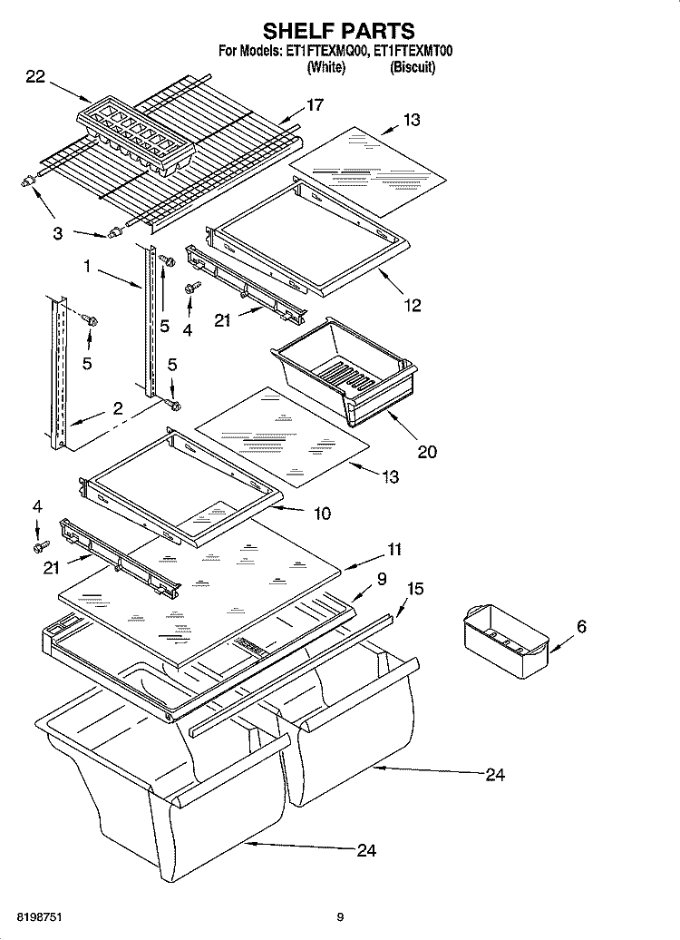 SHELF PARTS, OPTIONAL PARTS Diagram and Parts List for ET1FTEXMQ00  Whirlpool Refrigerator