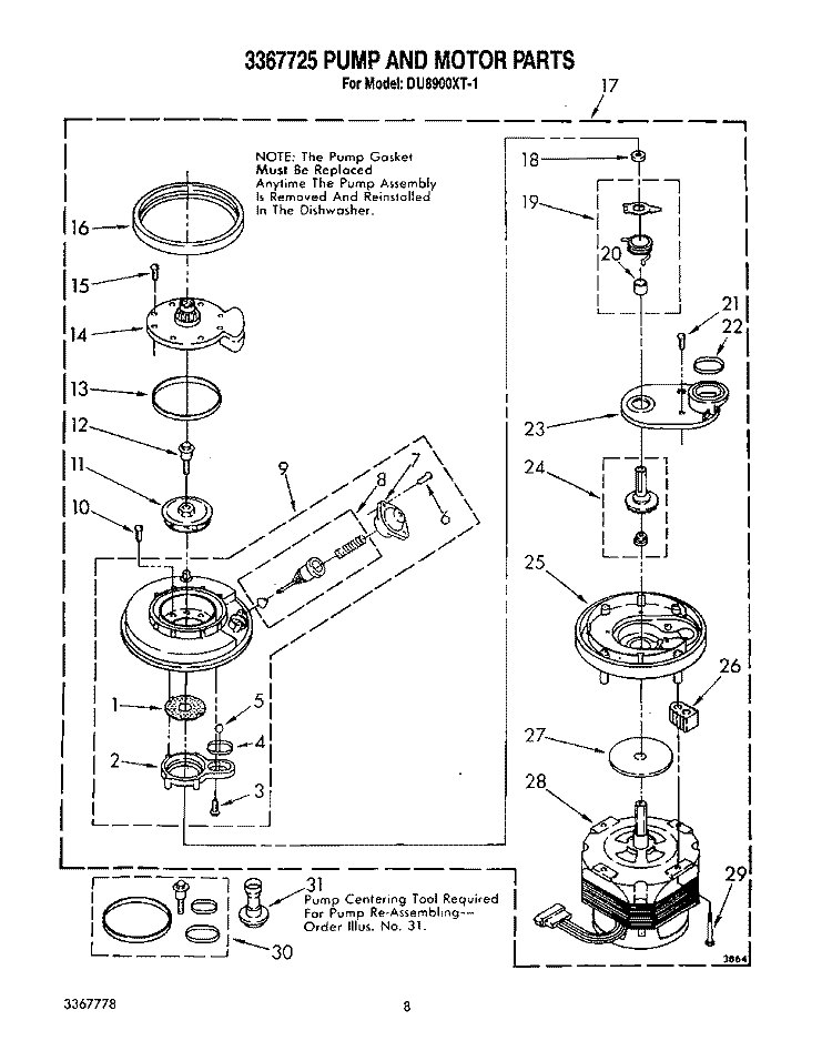 3367725 PUMP AND MOTOR Diagram and Parts List for DU8900XT1  Whirlpool Dishwasher
