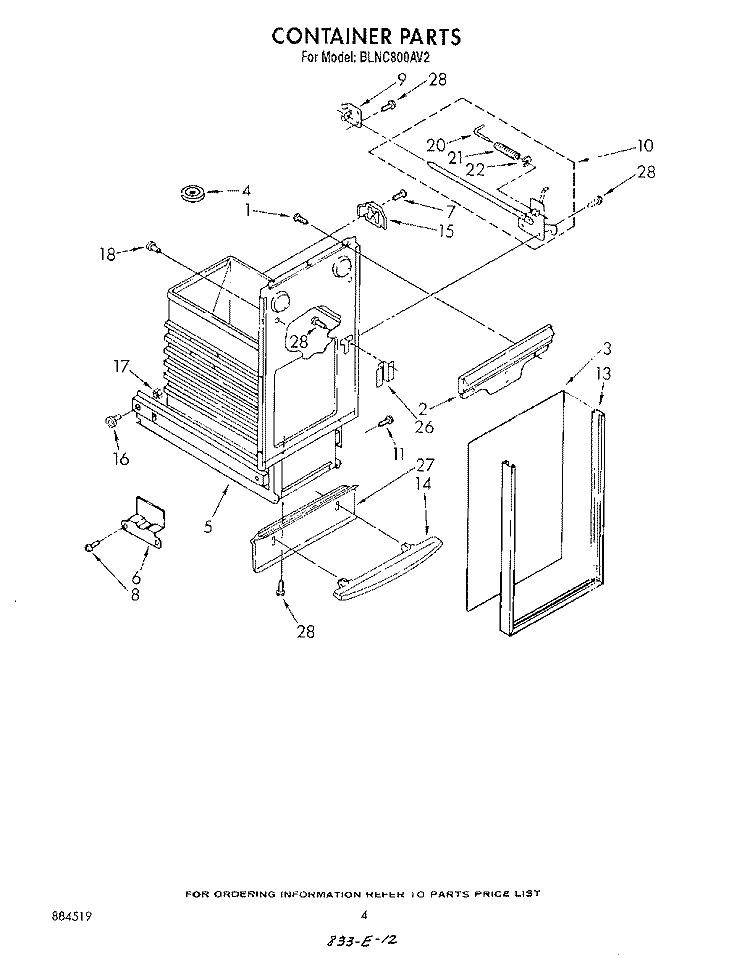 CONTAINER Diagram and Parts List for BLNC800AV2  Whirlpool Trash Compactor