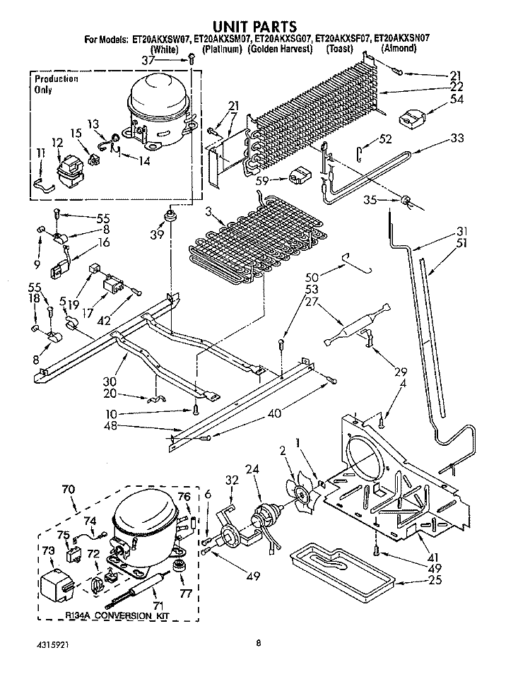 UNIT Diagram and Parts List for ET20AKXSW07  Whirlpool Refrigerator