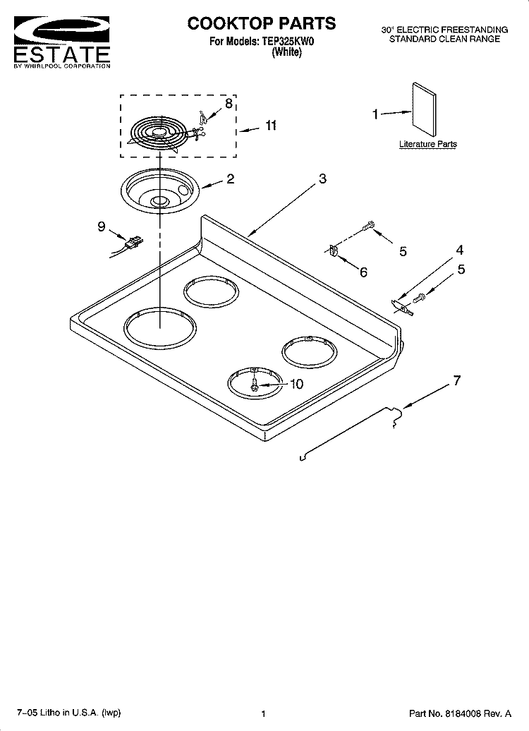 COOKTOP PARTS Diagram and Parts List for TEP325KW0  Estate Range