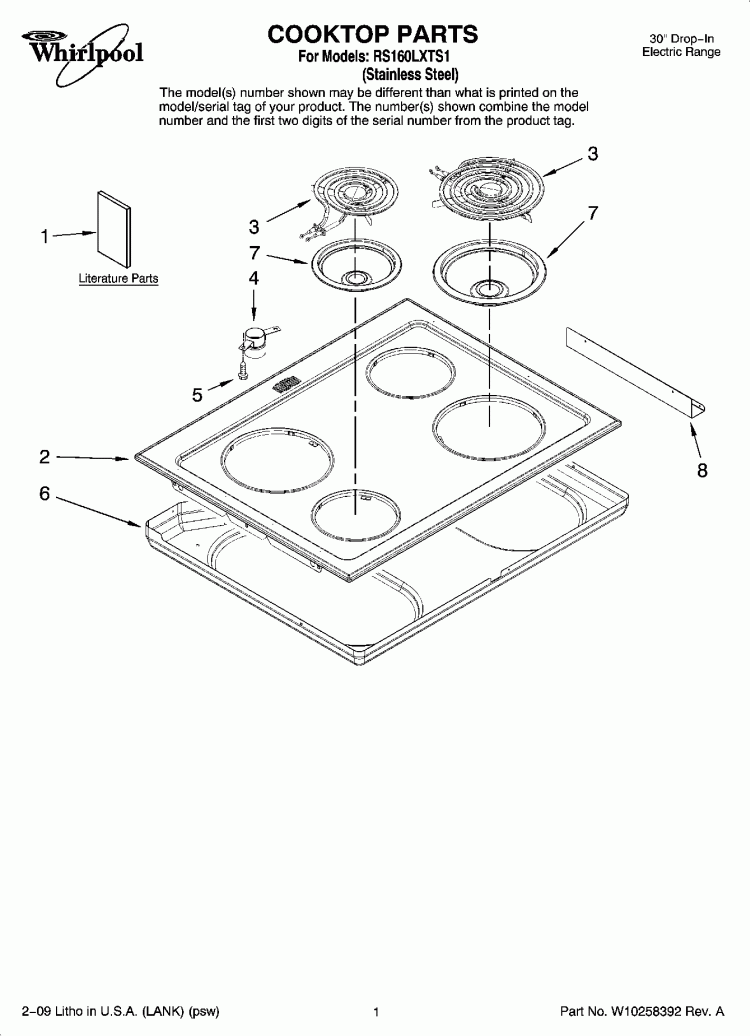 COOKTOP PARTS Diagram and Parts List for RS160LXTS1  Whirlpool Range