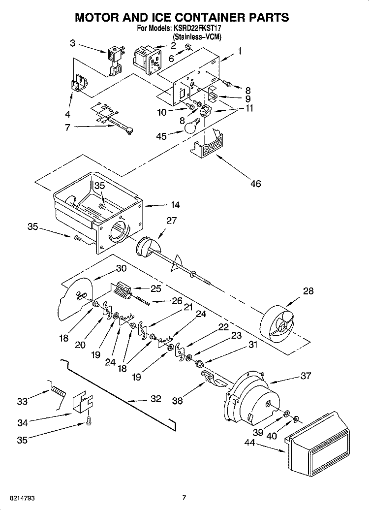 MOTOR AND ICE CONTAINER PARTS Diagram and Parts List for KSRD22FKST17  KitchenAid Refrigerator