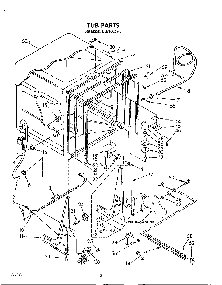 TUB , LIT/OPTIONAL Diagram and Parts List for DU7600XS0  Whirlpool Dishwasher