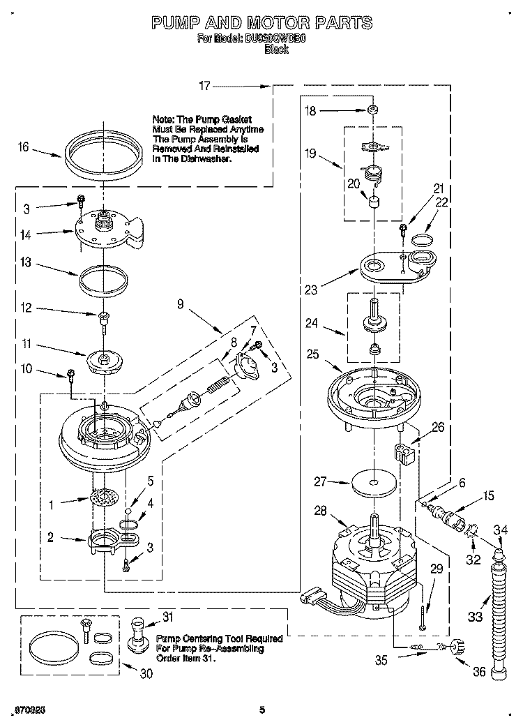 PUMP AND MOTOR Diagram and Parts List for DU930QWDB0  Whirlpool Dishwasher