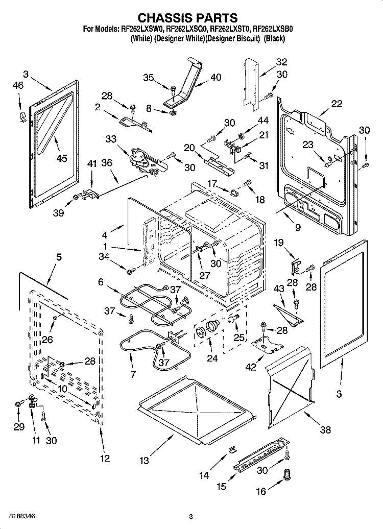 CHASSIS PARTS Diagram and Parts List for RF262LXSB0  Whirlpool Range
