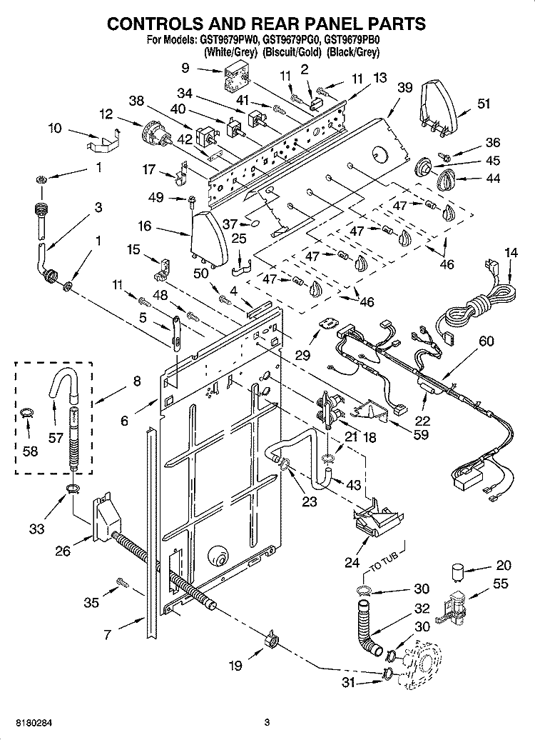 CONTROLS AND REAR PANEL PARTS Diagram and Parts List for GST9679PW0  Whirlpool Washer