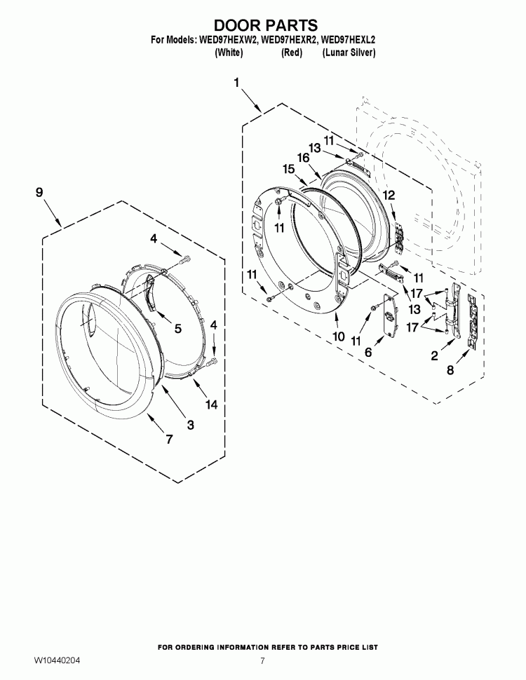 DOOR PARTS Diagram and Parts List for WED97HEXR2  Whirlpool Dryer