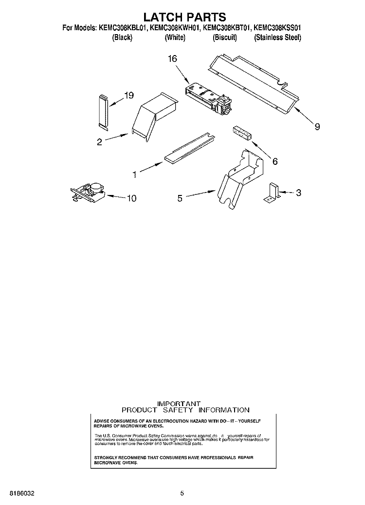 LATCH PARTS Diagram and Parts List for KEMC308KSS01  KitchenAid Microwave Oven Combo