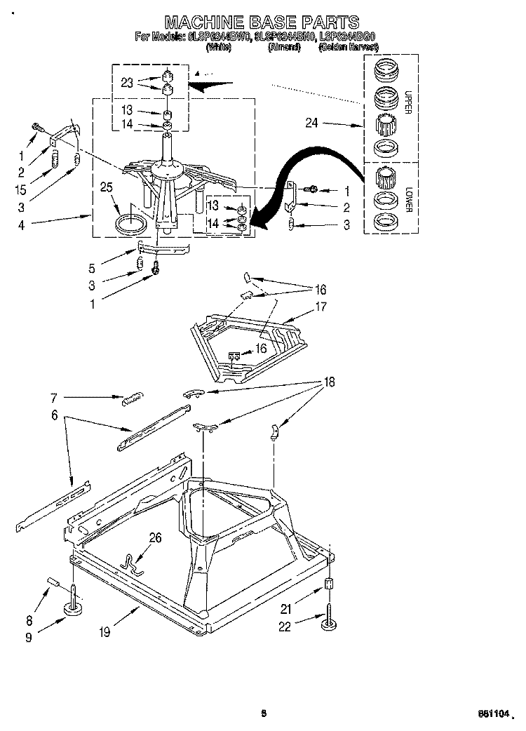 MACHINE BASE Diagram and Parts List for 8LSP6244BN0  Whirlpool Washer