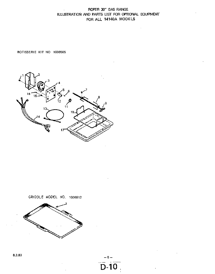 ROTISSERIE KIT, GRIDDLE Diagram and Parts List for 1414W0A  Roper Range