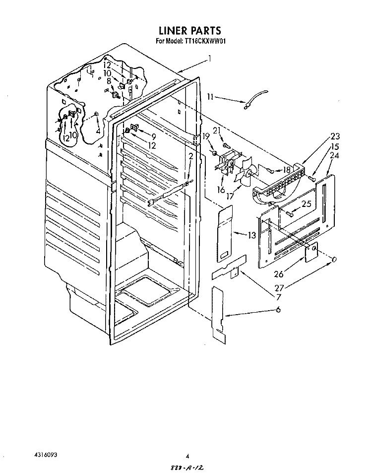 LINER Diagram and Parts List for TT16CKXWW01  Whirlpool Refrigerator