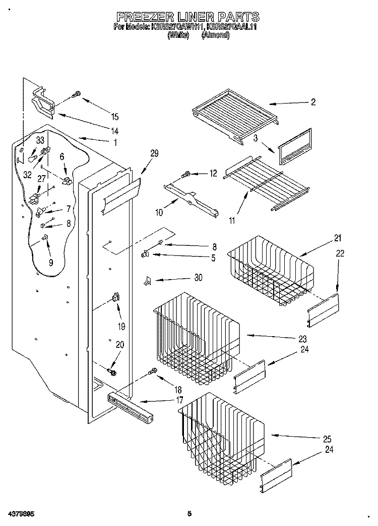 FREEZER LINER Diagram and Parts List for KSRS27QAAL11  KitchenAid Refrigerator
