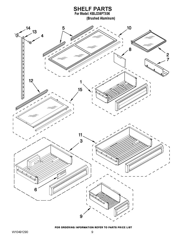 SHELF PARTS Diagram and Parts List for KBLO36FTX06  KitchenAid Refrigerator