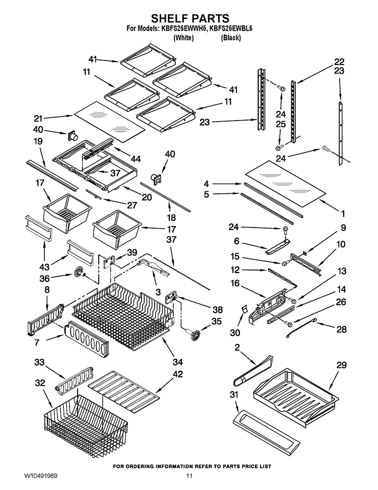 SHELF PARTS Diagram and Parts List for KBFS25EWWH5  KitchenAid Refrigerator