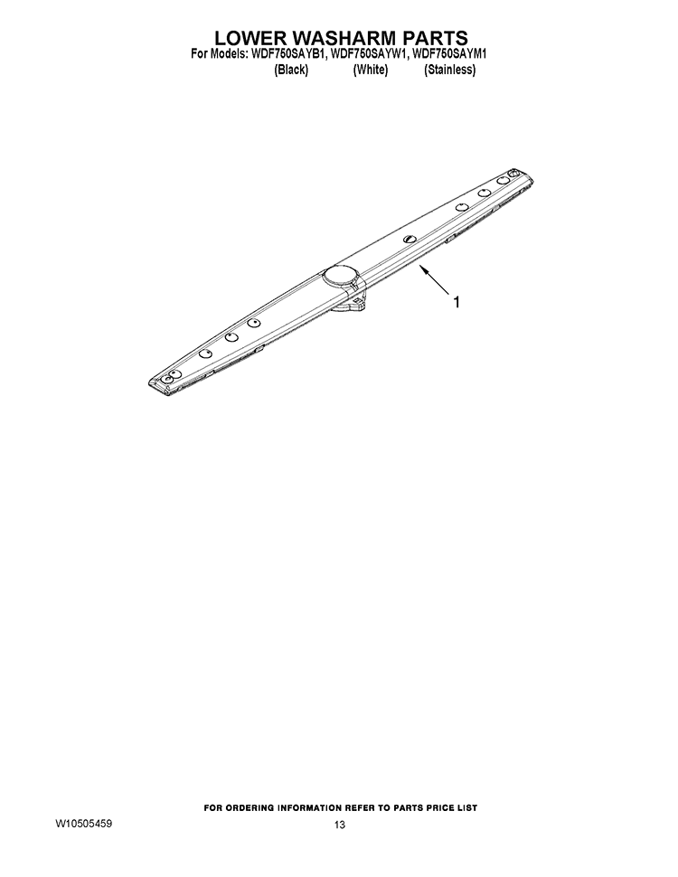 LOWER WASHARM PARTS Diagram and Parts List for WDF750SAYW1  Whirlpool Dishwasher