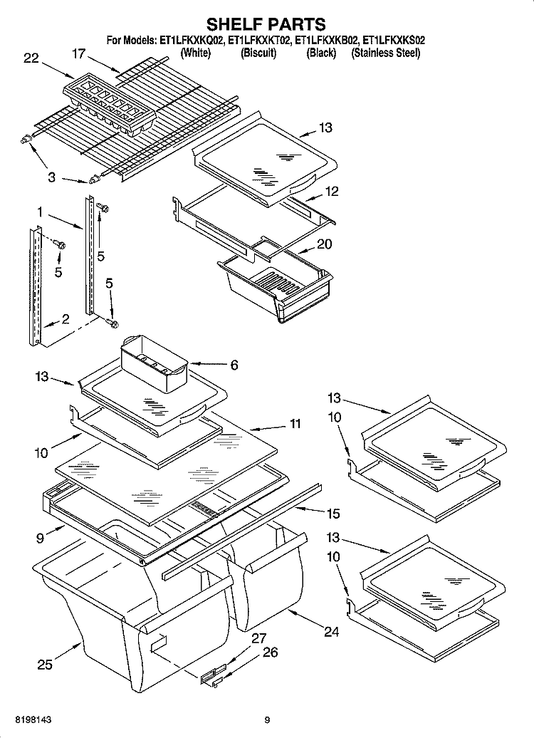 SHELF PARTS, OPTIONAL PARTS Diagram and Parts List for ET1LFKXKQ02  Whirlpool Refrigerator