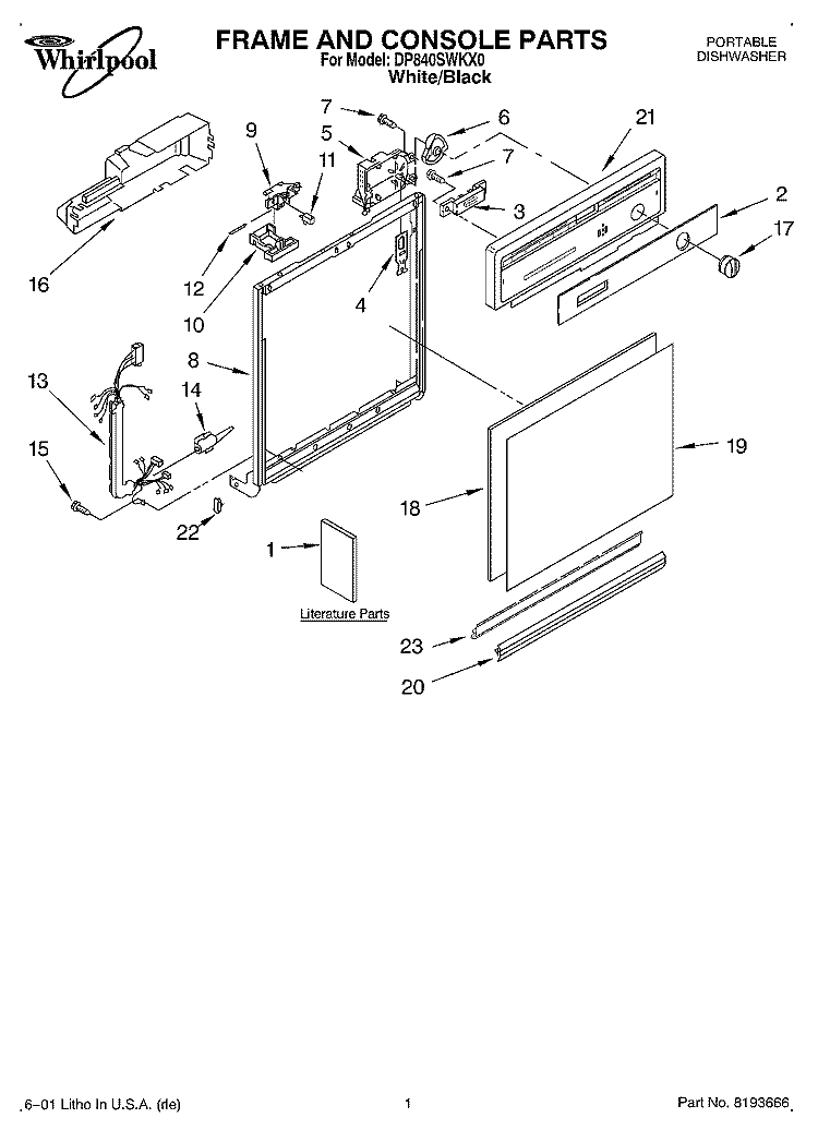 FRAME AND CONSOLE, LITERATURE Diagram and Parts List for DP840SWKX0  Whirlpool Dishwasher