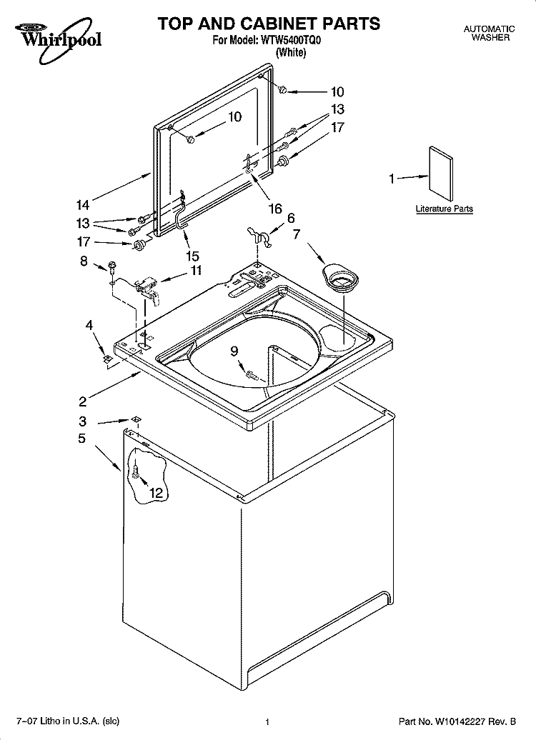 TOP AND CABINET PARTS Diagram and Parts List for WTW5400TQ0  Whirlpool Washer