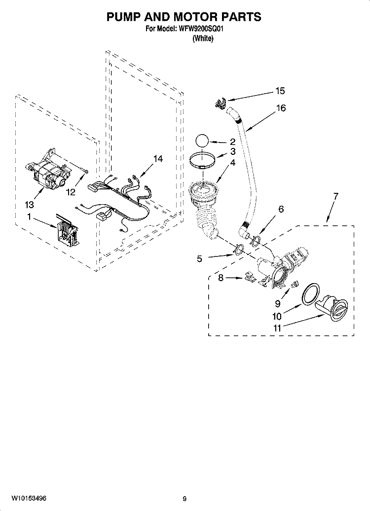 PUMP AND MOTOR PARTS, OPTIONAL PARTS (NOT INCLUDED) Diagram and Parts List for WFW9200SQ01  Whirlpool Washer