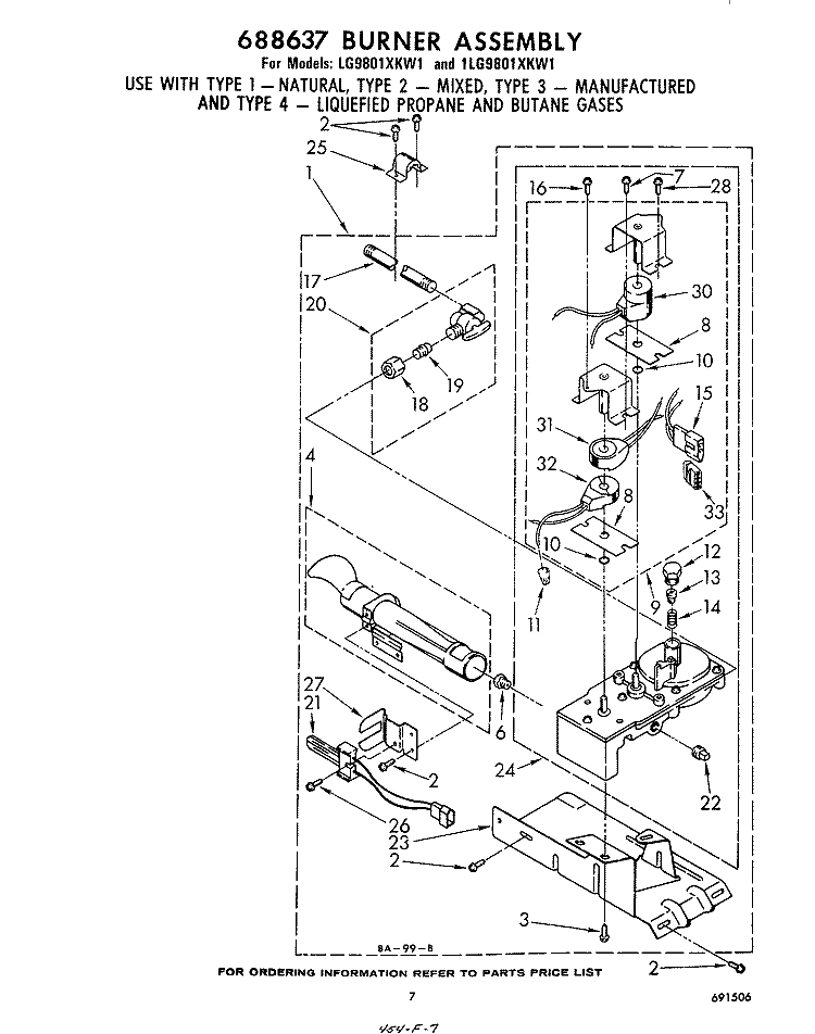 688637 BURNER Diagram and Parts List for 1LG9801XKW1  Whirlpool Dryer