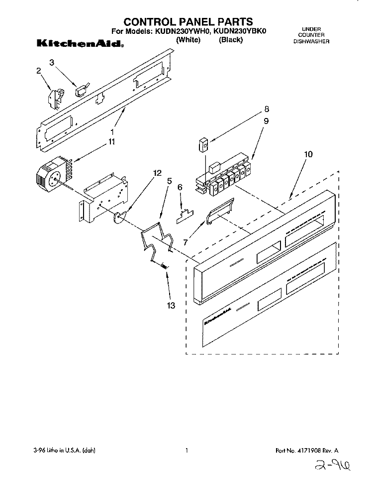 CONTROL PANEL Diagram and Parts List for KUDN230YWH0  KitchenAid Dishwasher