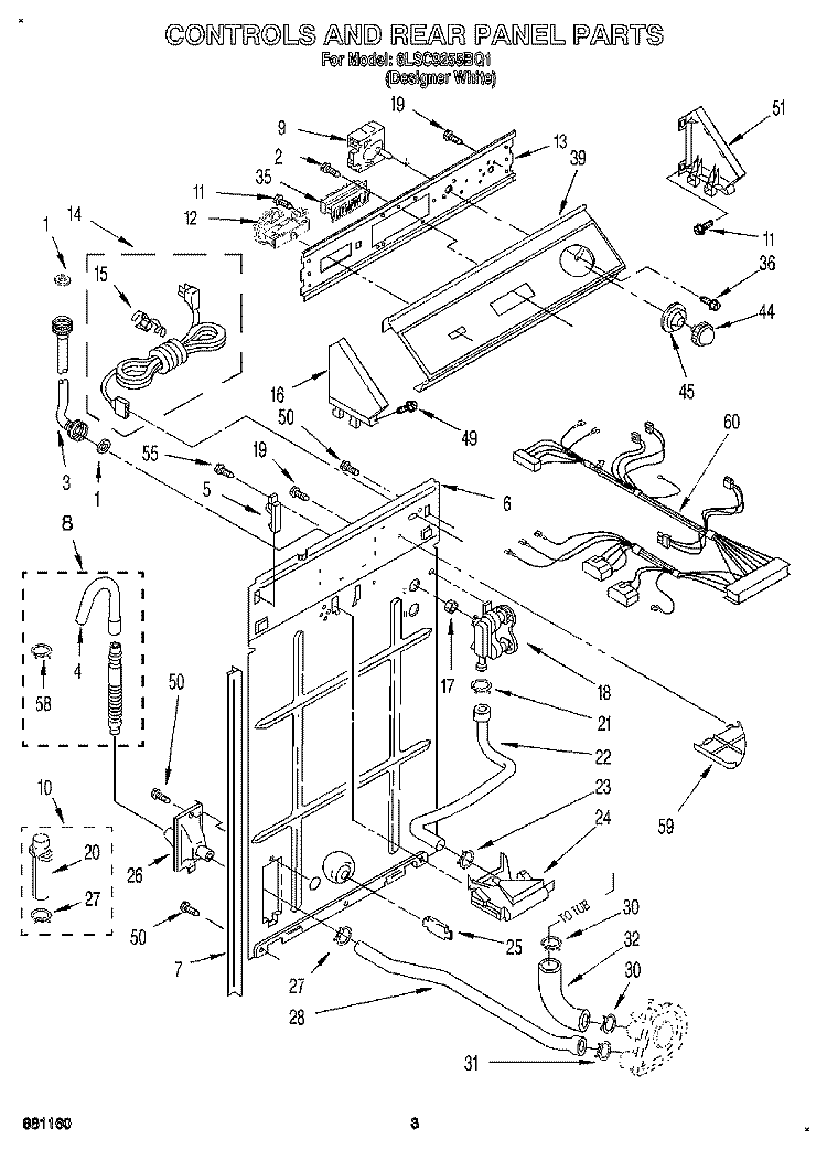 CONTROLS AND REAR PANEL Diagram and Parts List for 6LSC9255BQ1  Whirlpool Washer