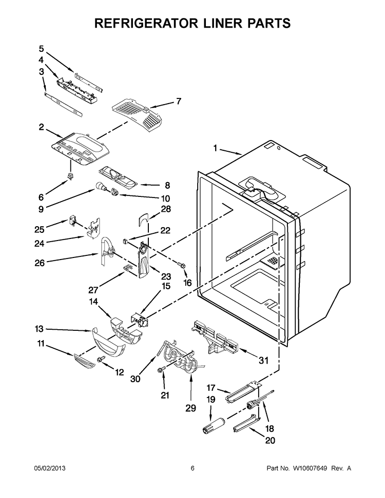 REFRIGERATOR LINER PARTS Diagram and Parts List for 5KRFX9000M00  KitchenAid Refrigerator