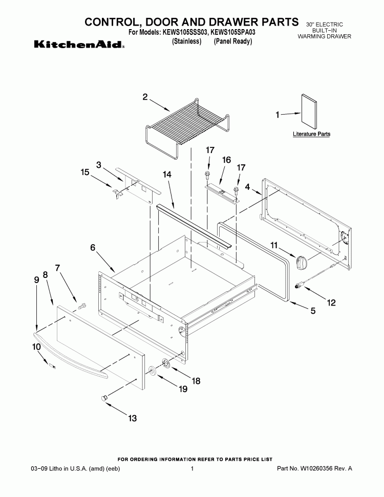 CONTROL, DOOR AND DRAWER PARTS Diagram and Parts List for KEWS105SPA03  KitchenAid Warming Drawer