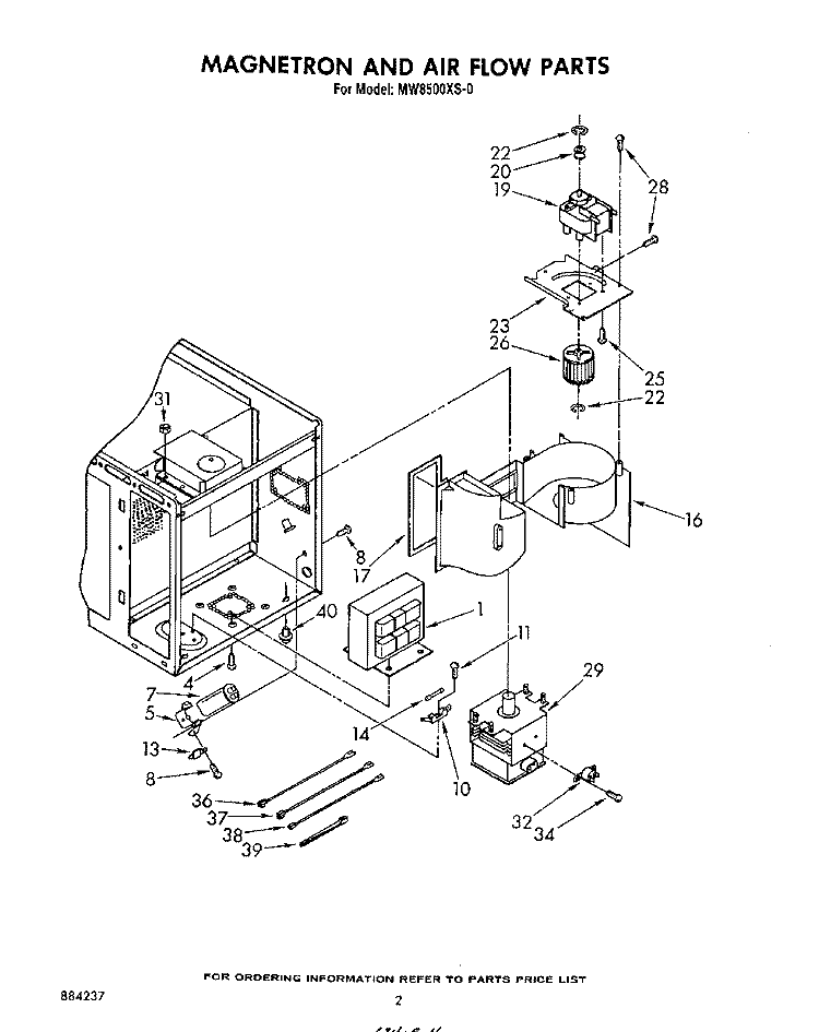 MAGNETRON AND AIRFLOW Diagram and Parts List for MW8500XS0  Whirlpool Microwave