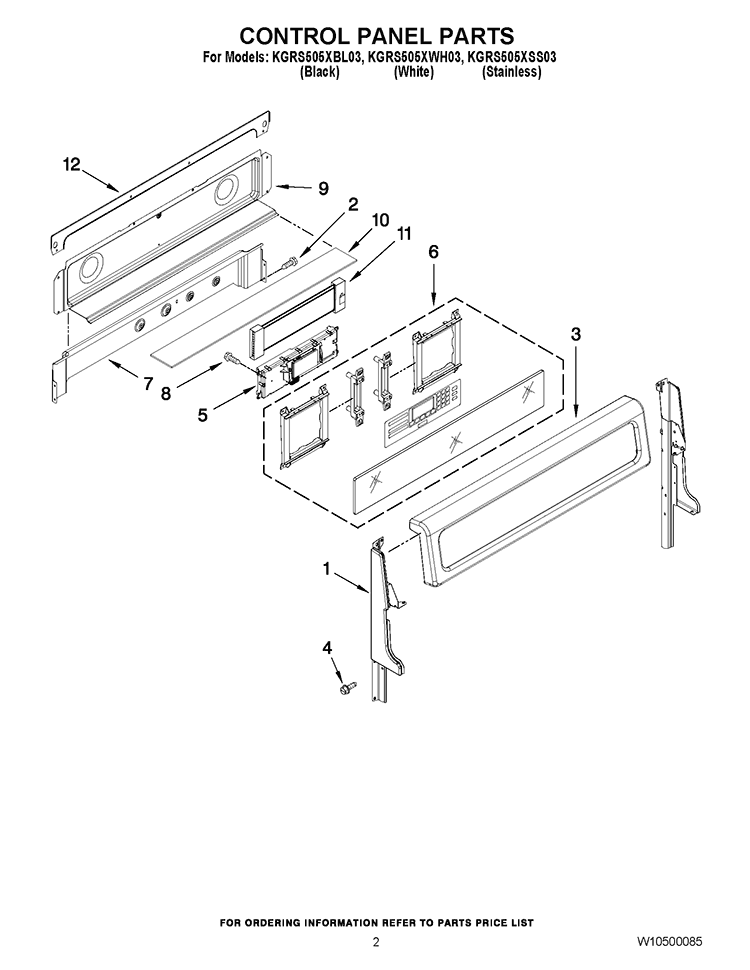 CONTROL PANEL PARTS Diagram and Parts List for KGRS505XBL03  KitchenAid Range