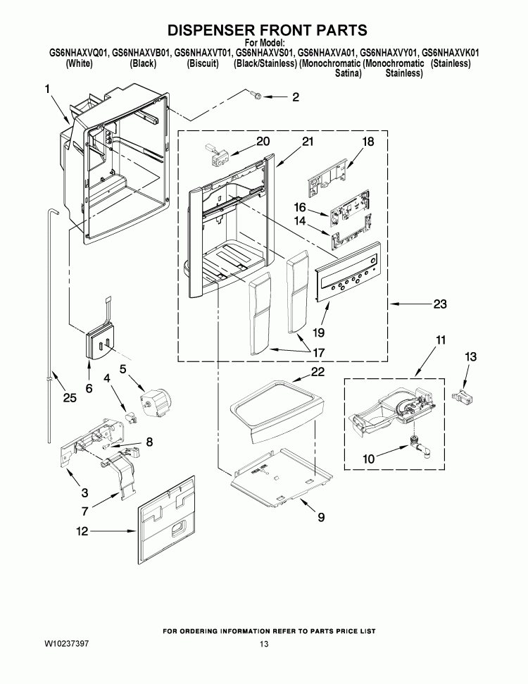 DISPENSER PARTS Diagram and Parts List for GS6NHAXVK01  Whirlpool Refrigerator