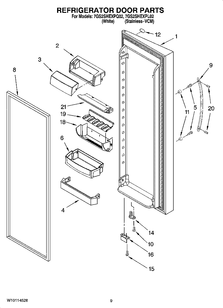 REFRIGERATOR DOOR PARTS Diagram and Parts List for 7GS2SHEXPQ02  Whirlpool Refrigerator