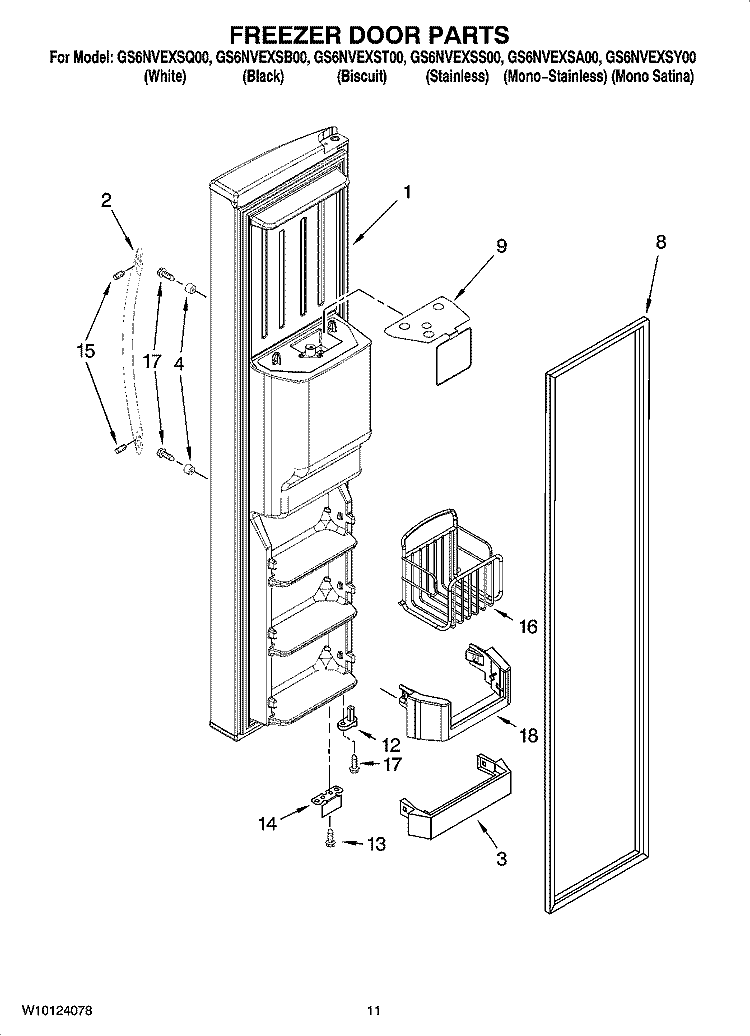 FREEZER DOOR PARTS Diagram and Parts List for GS6NVEXSY00  Whirlpool Refrigerator