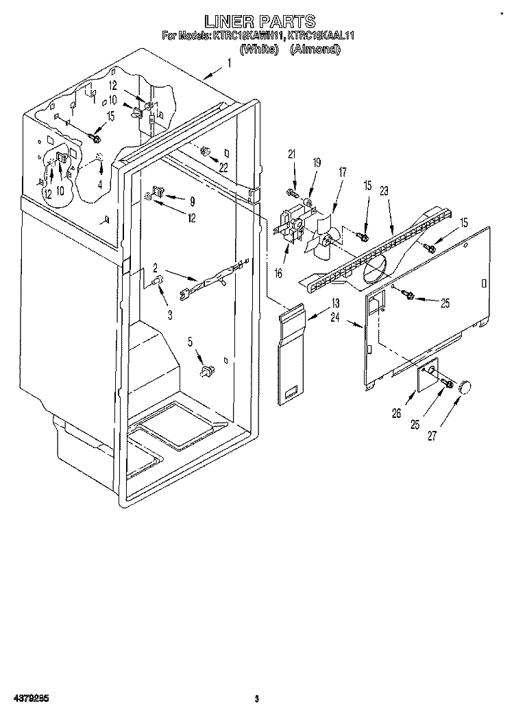 LINER Diagram and Parts List for KTRC18KAWH11  KitchenAid Refrigerator