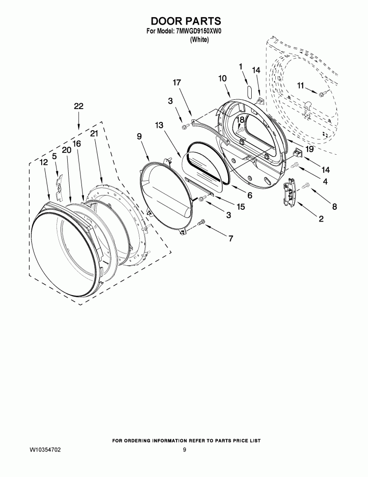 DOOR PARTS Diagram and Parts List for 7MWGD9150XW0  Whirlpool Dryer