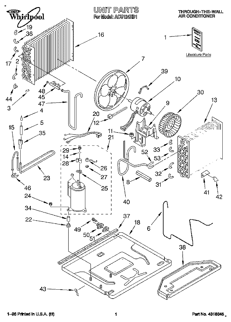 UNIT, LITERATURE Diagram and Parts List for ACU124XD1  Whirlpool Air Conditioner