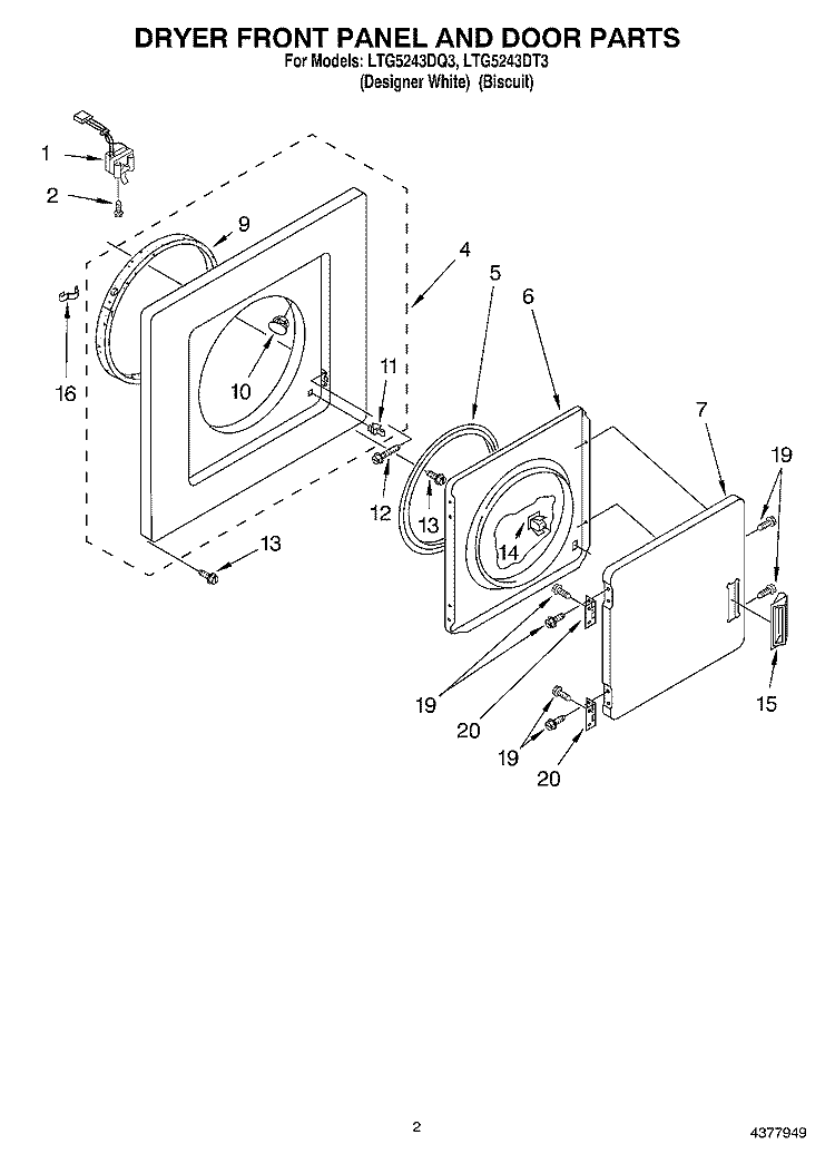 DRYER FRONT PANEL AND DOOR Diagram and Parts List for LTG5243DT3  Whirlpool Washer Dryer Combo