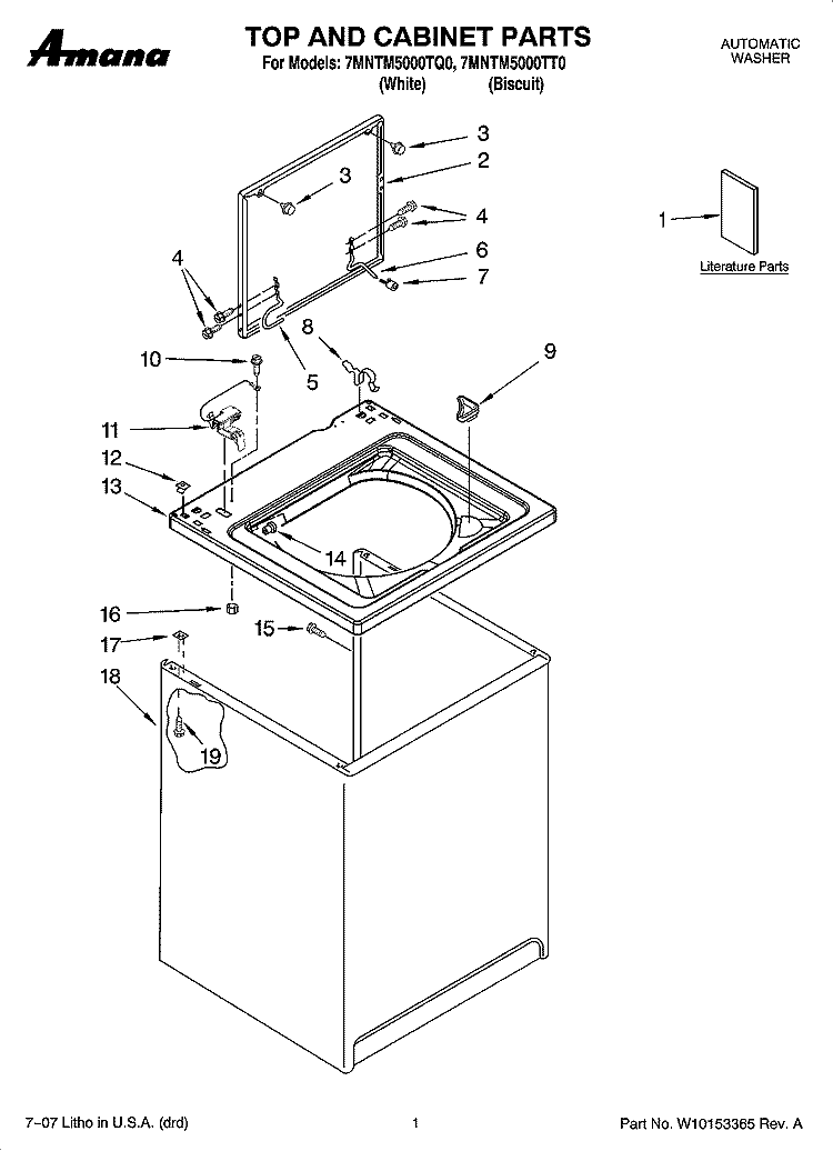 TOP AND CABINET PARTS Diagram and Parts List for 7MNTM5000TT0  Whirlpool Washer