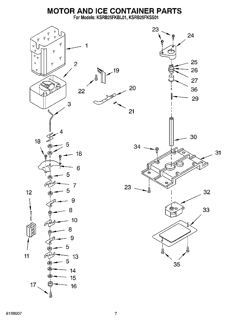 MOTOR AND ICE CONTAINER Diagram and Parts List for KSRB25FKBL01  KitchenAid Refrigerator