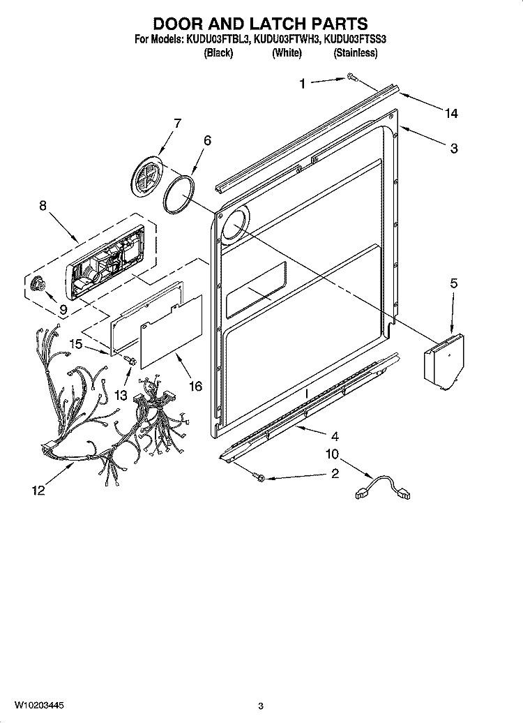 DOOR AND LATCH PARTS Diagram and Parts List for KUDU03FTBL3  KitchenAid Dishwasher
