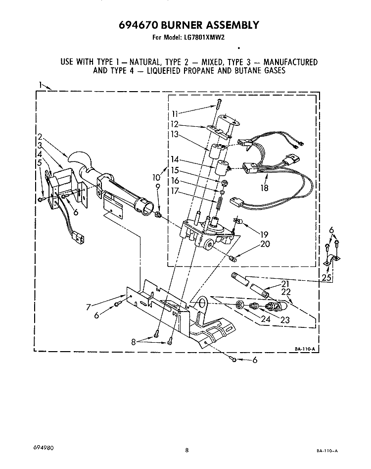 694670 BURNER Diagram and Parts List for LG7801XMW2  Whirlpool Dryer