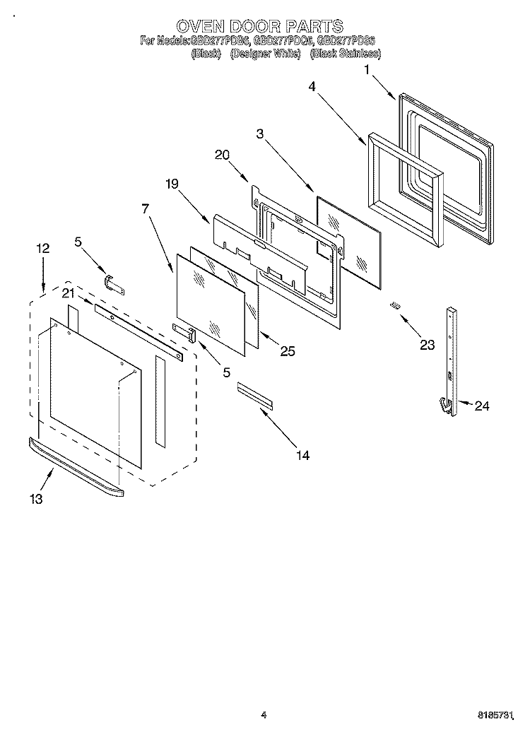 OVEN DOOR Diagram and Parts List for GBD277PDS6  Whirlpool Wall Oven