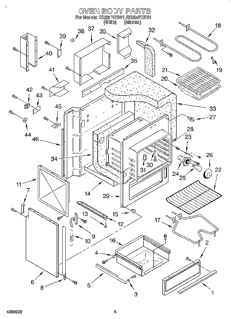 OVEN BODY Diagram and Parts List for RS385PCBW1  Whirlpool Range
