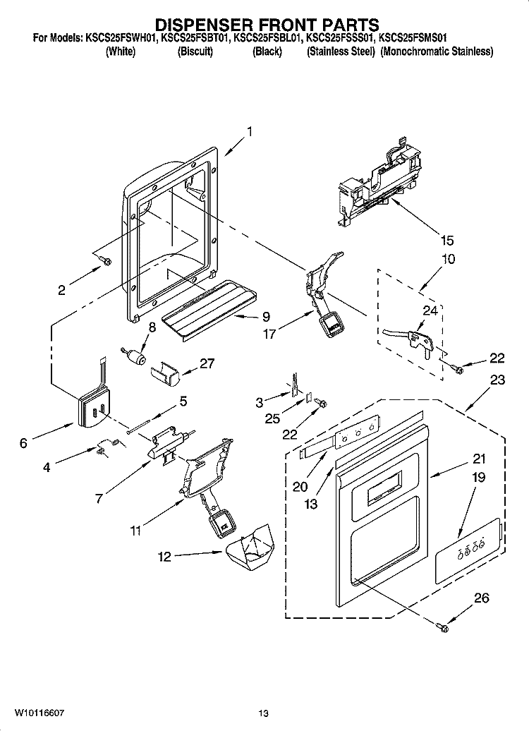 DISPENSER FRONT PARTS Diagram and Parts List for KSCS25FSMS01  KitchenAid Refrigerator