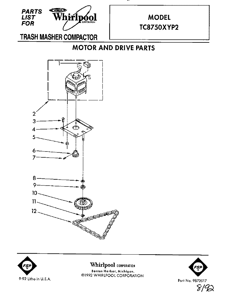 MOTOR AND DRIVE, LIT/OPTIONAL Diagram and Parts List for TC8750XYP2  Whirlpool Trash Compactor